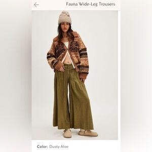 Free People Fauna Wide-Leg Trousers in Olive Green (Dusty Aloe) NWT